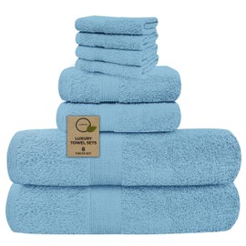 Luxury 8 Piece Towel Set, 2 Bath Towels 2 Hand Towels 4 Washcloths, Towels for Bathroom, Home, Spa & Gym - Highly Absorbent Ultra Soft Quick-Dry (Sky Blue)