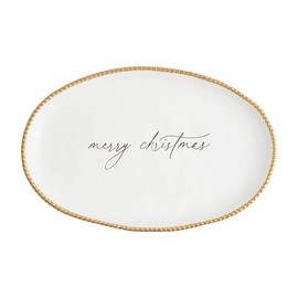 Mud Pie Christmas Gold Beaded PLATTERS & Trays, 10 3/4" x 16 1/2", WHITE