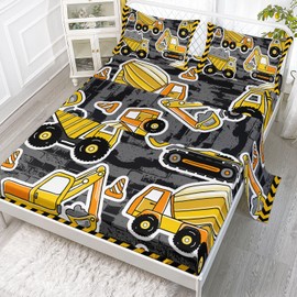 Datura home Construction Truck Sheet Set 4Pcs Cartoon Excavators Machinery Vehicles Tractor Printed Sheet Set with 1 Flat Sheet and 1 Fitted Sheet + 2 Pillowcases for Boys (Truck Yellow Full)