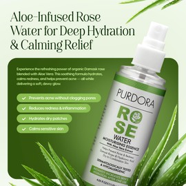 PURDORA Rose Water Face Mist Toner with Aloe Vera & Hyaluronic Acid – Hydrating & Soothing Spray for Redness, Dry & Acne-Prone Skin – Natural, Alcohol-Free – 4.05 fl oz