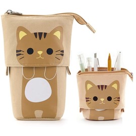 Hillylolly Cat Pencil Case Cute, Stand Pencil Case Holder, Telescopic Pencil Case, Adjustable Pencil Case, Cartoon Cat Pencil Case, Canvas Portable Standing Pen Holder, Unisex (Khaki)
