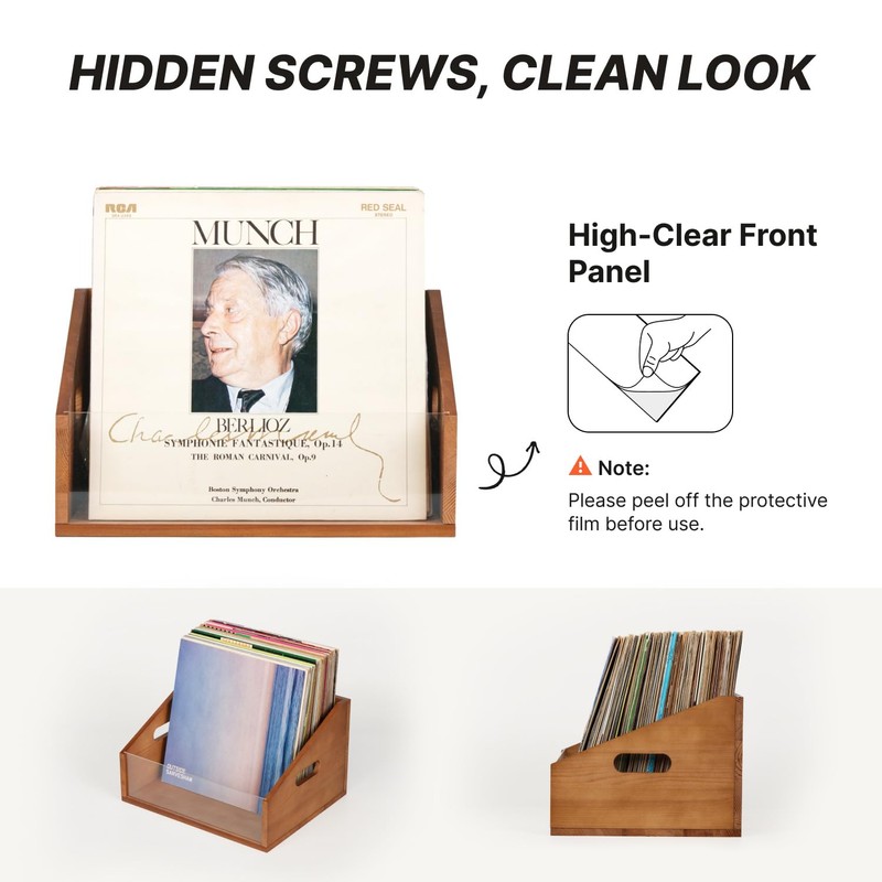 Vinyl Record Storage Crate, Solid Wood Rustic Record Box Holds