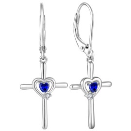 JIWOY Cross Earrings Sterling Silver Crucifix Dangle Drop Earrings Heart Created Sapphire Religious Jewelry for Women
