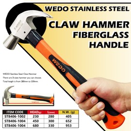 WEDO Claw Hammer with Fiberglass Handle,16oz Stainless Steel Framing Hammer,Length 300mm(12"),Shock Resistant,Corrosion Resistant,Rust Proof, Die-forged