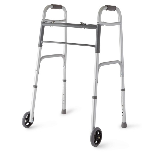 Medline Two-Button Folding Walker with Wheels, Metallic, 1 Count