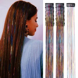Hair Tinsel 12 Pcs Clip in Hair Tinsel Kit for Girls 20.5 Inch Glitter Shiny Sparkly Fairy Tinsel Hair Extensions Heat Resistant Party Festival Accessories for Women Kids (3 Colorful)