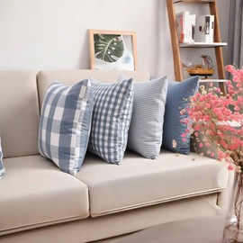 amokk Pack of 4 Decorative Pillow Covers Striped and Plaid Throw Pillow Covers 18x18 inch Rustic Pillow Cases for Sofa Bedroom Living (Blue)