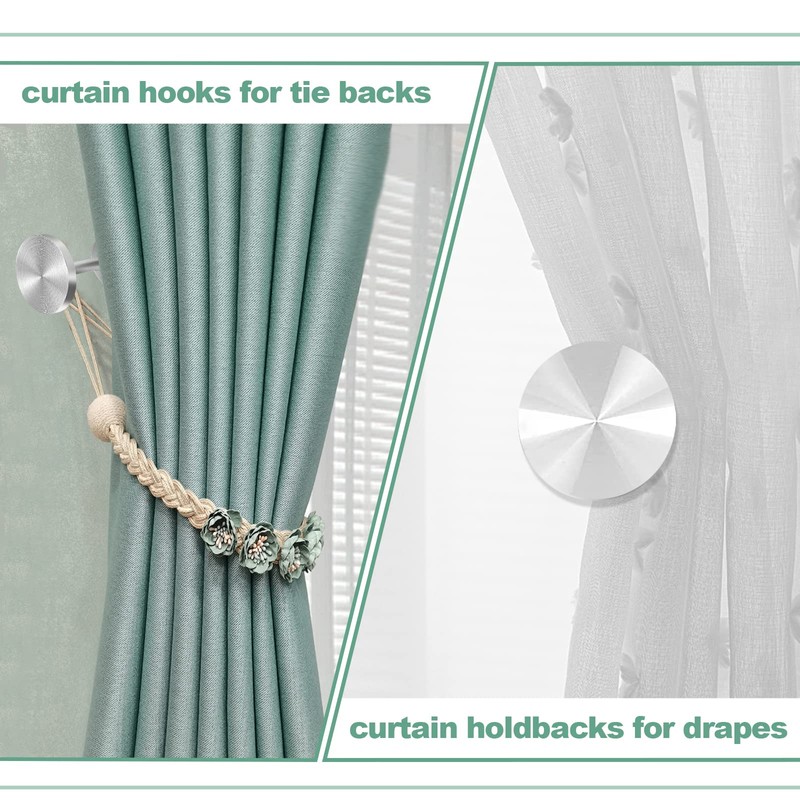 KOLAKO Curtain Holdbacks, Silver Curtain Tie Back Hooks, Metal Wall