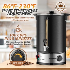 100 Cup Commercial Coffee Urn,Stainless Steel &Thermal Sleeve, 15L Large Coffee Dispenser to Quick Brewing, Hot Water Urn for Home Party Office Catering with Water Level，Temp Control,Indicator Display