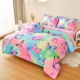 DORCAS 6 Pcs Butterfly Twin Bedding Sets for Girls,Butterfly Twin Comforter Sets with Sheets for Girls Teens Kids