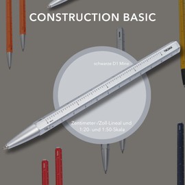 Multitasking ballpoint pen with black D1 refill – CONSTRUCTION BASIC – centimetre/inch ruler, 1:20/1:50 scale – easy refill change – aluminium, metal – silver-coloured - TROIKA Original