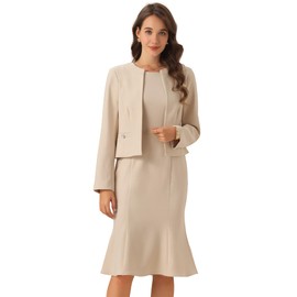 Allegra K 2 Piece Suit Dress Set for Women's Business Sleeveless Dress and Crop Blazer Medium Beige