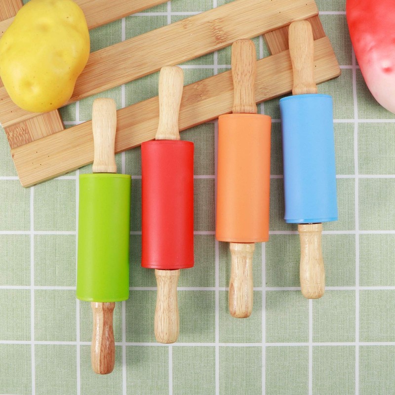 4PCS Rolling Pin NonStick Silicone Mini Wooden Handle Rolling Pins