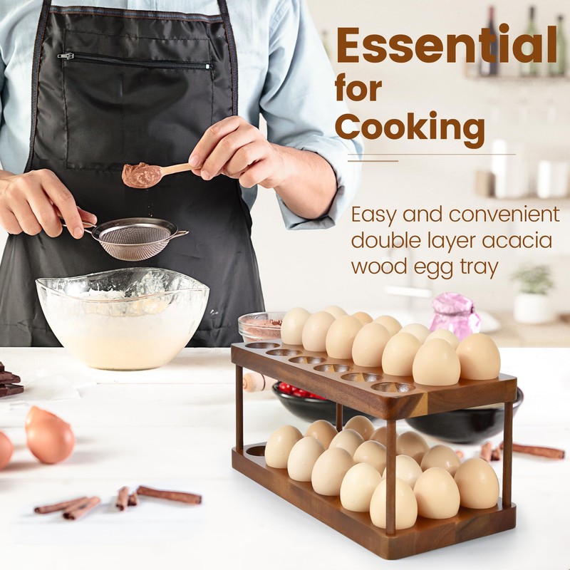 Sishynio Wooden Double Layer Egg Holder - Farmhouse Kitchen Acacia