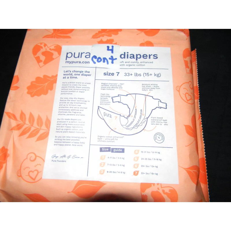 PURA 4 sample PURA Chlorine FREE Disposable Diapers (33+Lbs) Size
