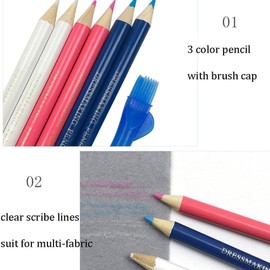 3Pcs Blue White Red Sewing Fabric Pencils,Tailor 's Mark Chalks Fabric Chalk Pens,Fabric Marking Pencil with Cover Brush Dressmaker Tracing Tools,Sewing Marking and Tracing Tools,Sewing Tools