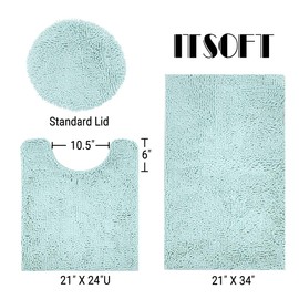 ITSOFT 3pc Non-Slip Shaggy Chenille Bathroom Mat Set, Includes 24 x 21 Inches U-Shaped Contour Toilet Rug, 34 x 21 Inches Bathmat and 1 Toilet Lid Cover, Spa Blue