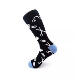 Perfect Edge Comfy Socks With Scissor Design, Black With Blue Toe/heel And White Scissors