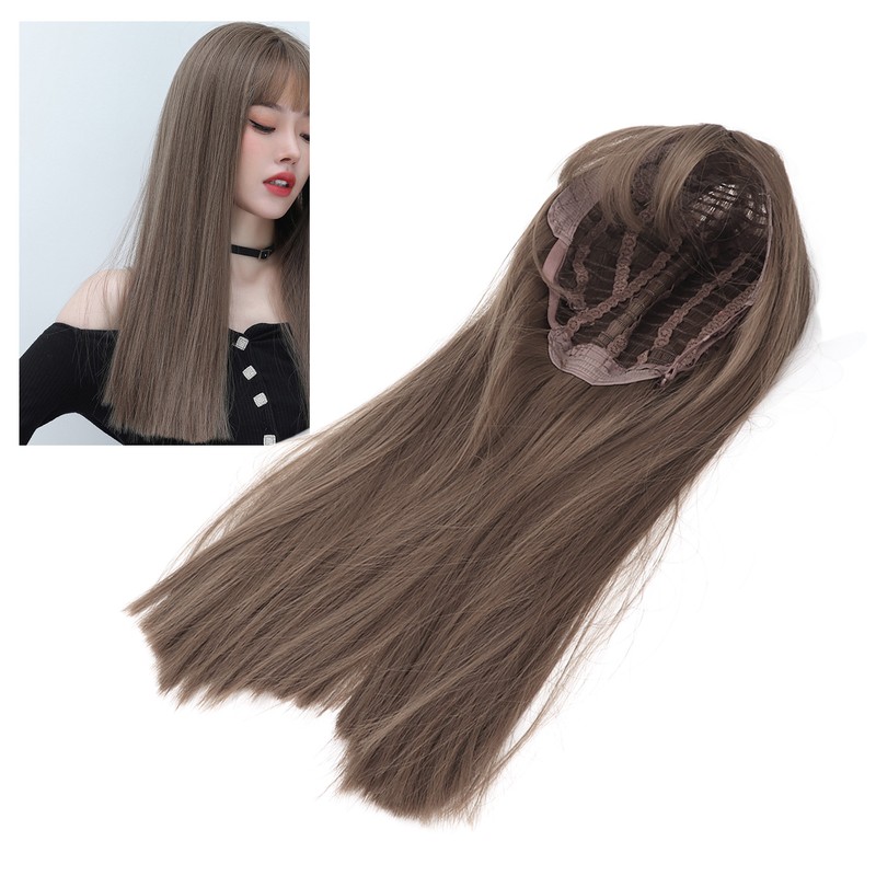 Women Light Brown Wig with Bangs Long Straight Synthetic Realistic
