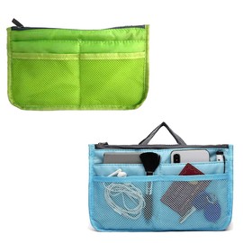 CaiYuanGJ Pack of 2 Travel Organiser Bag, Small Organiser Bag, Handbag Organiser, Multifunctional Handbag Organiser, Expandable, 13 Pockets, for Travel Make Up (Green and Blue)