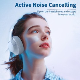 Active Noise Cancelling Headphones with Microphone - 100H Playtime, Wireless Headphones Bluetooth with Deep Stereo Sound, Foldable Comfort Over Ear Headphone Wireless for Travel, Work, Commute, White