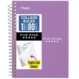 Five Star Spiral Notebook, 1 Subject, College Ruled Paper, 4-3/8" x 7", Personal Size, 80 Sheets, Fights Ink Bleed, Water Resistant Cover, Amethyst Purple (450048CF1-ECM)