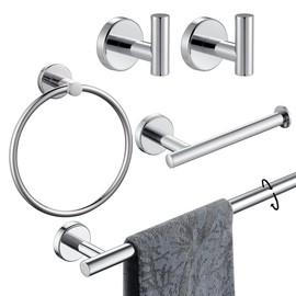 JQK Bathroom Hardware Set Polished Steel, 5-Piece Bath Accessories Set Wall Mount Includes 24 in Towel Bar, Towel Ring, Toilet Paper Holder, 2 Towel Hooks, BAS125-CH