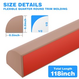 Flexible Quarter Round Molding, Peel and Stick Silicone Flexible Moulded Trim for Corner Ceilings, Floors, Bathrooms, Kitchens, Countertops (Brown, 1/2 x 1/2 x 118Inch)