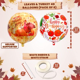 KatchOn, Thanksgiving Balloons for Thanksgiving Decorations - 22 Inch, 6 Pieces | 4D Thanksgiving Mylar Balloons | Thanksgiving Party Decorations | Happy Thanksgiving Foil Balloons | Turkey Balloons