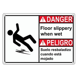 Weatherproof Plastic ANSI Danger Floor Slippery When Wet Bilingual Sign with English & Spanish Text and Symbol