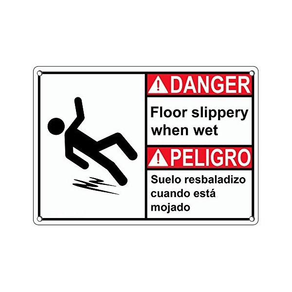 Weatherproof Plastic ANSI Danger Floor Slippery When Wet Bilingual Sign