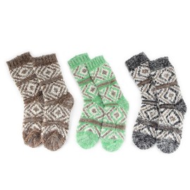 BambooMN Women's Thick Comfy Vintage Knitted Colorful Fur Patterned Cabin Crew Casual Insulated Furry Winter Slipper Sweater Socks - Assortment B - 3prs, Size 4-10