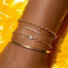 Risamil Gold Bracelets for Women Trendy, 14K Gold Cuff Bracelets for Women Stackable Link Bracelets for Women Non Tarnish Cubic Zirconia Bracelet Set Gold Jewelry for Women