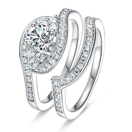 MDFUN 18K White Gold Plated Cubic Zirconia Two-In-One Wedding Engagement Promise Eternity Ring for Women Size 7.5