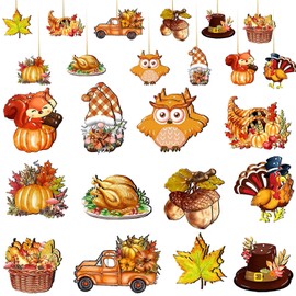 Herbst Deko, 24 Stück Herbstdeko zum Aufhängen, Holz Deko Hänger Herbst Dekoration mit Schnur, Eule Fuchs Ahornblatt Truthahn Erntedankfest Deko zum Aufhängen für Thanksgiving zum Aufhängen