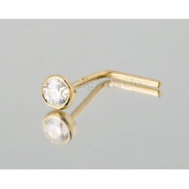 Solid 14Kt White/Yellow Gold Bezel Set Moissanite L-SHAPE Nose Stud - 22G L-bend Nose Stud - April Birthstone Nose Ring Stud, Metal, moissanite