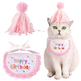 Kunyeah 2Pcs Pet Happy Birthday Hat Scarf Set Puppy Princess Costumes Cute Cat Bandana Outfit Dog Cone Hat wtih Pom-pom Colorful Lace Bib Collar Pet Birthday Decorations Party Supplies (Pink)