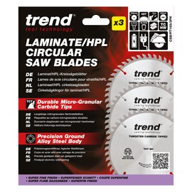 Trend Laminate & HPL Circular Saw Blade, Pack of 3, 165 mm Diameter, 20 mm Bore, 48 Teeth, HW, 2.2 mm Cutting Width, +4° Hook, CSB/PT165/3PK