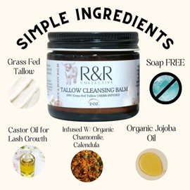 Tallow Cleansing Balm- All Natural Make-Up Remover Oil Based Cleanser. 100% Grass Fed Beef Tallow for Skin Care - 2 FL. oz