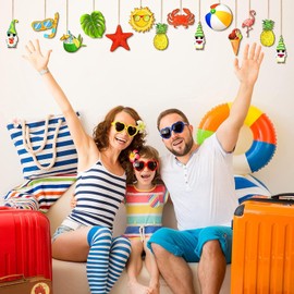 24Pcs Summer Hawaiian Wood Hanging Ornament Decorations, Summer Beach Wooden Pendant, Summer Sea Hanging Wood Slices for Seaside Beach Cafe Shop Office Decoration Luau Party Supplies (Beach)