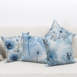 Ruelvth Dandelion Pillow Covers 20x20 Inch, Blue and White Throw Pillow Covers Spring Floral Linen Pillow Cases for Sofa Couch Car, Set of 4 (No Inserts)
