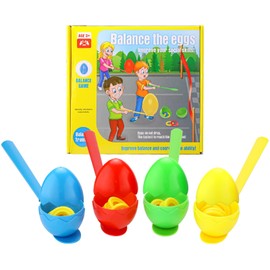 wokdsbl Egg and Spoon Race Kit, Easter Kids Outdoor Garden Sports Fun Balance Retro Game,4 Plastic Spoons and 4 Eggs Game for Adults And Kids,Garden Outdoor Toys Family Party Games Set