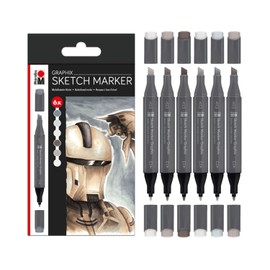 Marabu Sketch Marker Graphix Set of 6 Alpha Robot, Japanese Double 1-7mm Chisel Tip and 1mm Fine, Brilliant Colours, Quick Dry, Alcohol-Based Ink, Low Odour and Waterproof, Multi, One Size