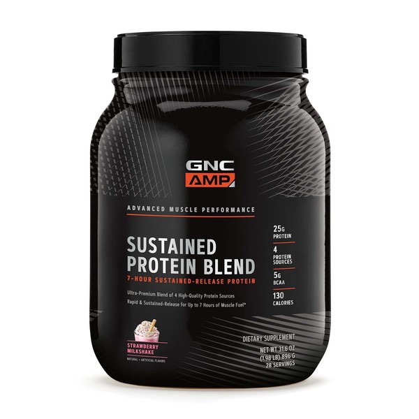 GNC AMP Sustained Protein Blend | Targeted Muscle Building and Exercise Formula | 4 Protein Sources with Rapid & Sustained Release | Gluten Free | Strawberry Milkshake | 28 Servings
