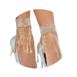 ELABEST Rhinestone Ankle Bracelets Crystal Tassel Anklet 2pcs Glitter Tennis Foot Chain Wedding Jewelry Accessories For Women(Gold)