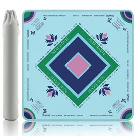 Turquoise Mahjong Mat with Lotus & Butterfly Artwork - 32.4x32.4 Inch Hand-Painted Style Rubber Mat, Zen Decor Waterproof Surface, Anti-Slip Foldable Design for Asian-Themed Game Nights