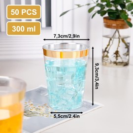 AUTOWNLUX Pack of 50 Hard Plastic Cups with Gold Edge, 300 ml/10 oz Plastic Drinking Cups, Reusable Transparent Party Cups for Party, Wedding, Birthday