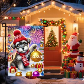 BlissYard Holiday Garden Flag 12x18 Inch Christmas New Year Dog Decor Fireworks Ornament Gifts Outdoor Winter Yard Lawn Decoration for Fence Pathway Tree Light Celebration Snowflake Home Party Scene