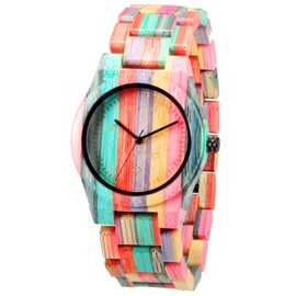 Alienwork Wood Women's Watch Natural Bamboo Elegant, A/Multicolor/Multicolor/Wooden Bracelet, Multicolor, Bracelet