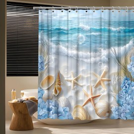 TQNNTQ Ocean Beach Shower Curtain Blue Ocean Starfish Conch Shell Floral Hawaiian Scenery Sea Wave Ocean Coastal Seaside Landscape Bath Curtain Fabric Bathroom Accessories Decor with Hooks 70W x70L